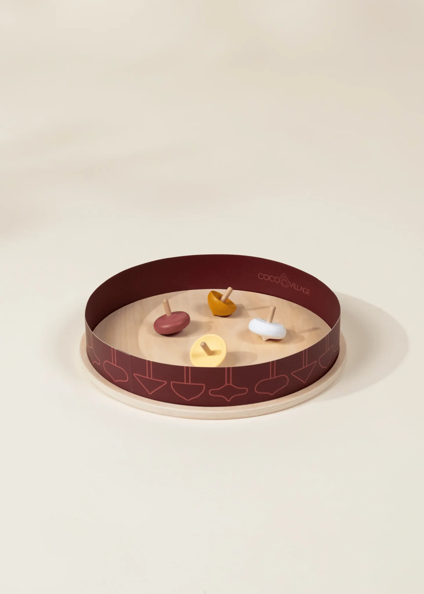 Coco Village Set of 4 Wooden Spinning Tops with Arena Toy